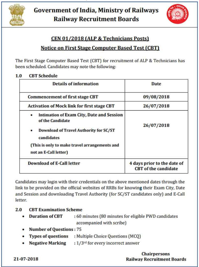 RRB ALP 2018 Examination date Notice