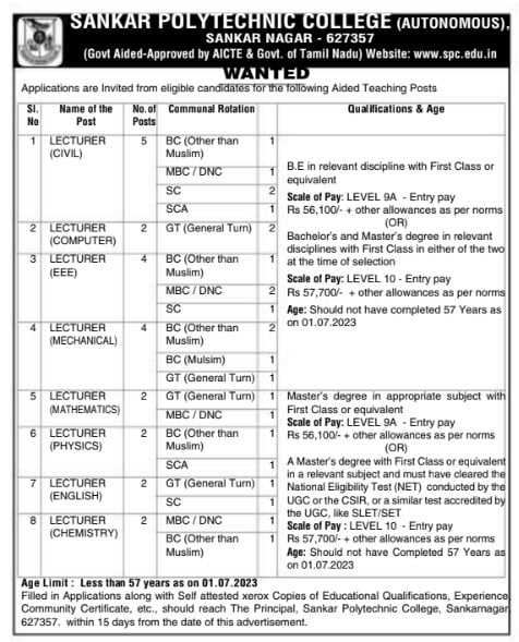 sankar-polytechnic-college-recruitment-2023-23-lecturer-vacancy-salary