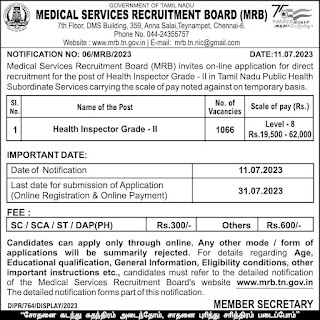 TN MRB Recruitment 2023 1066 Health Inspector Posts