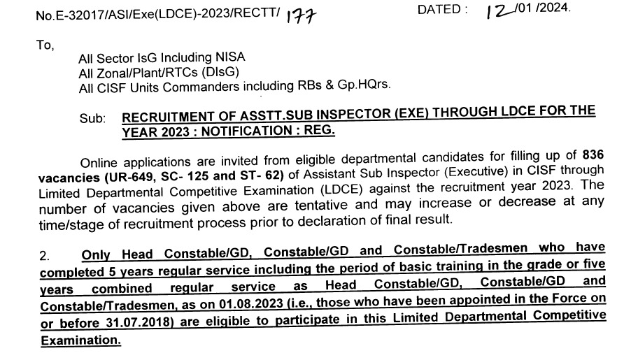 CISF LDCE ASI Notification 2024