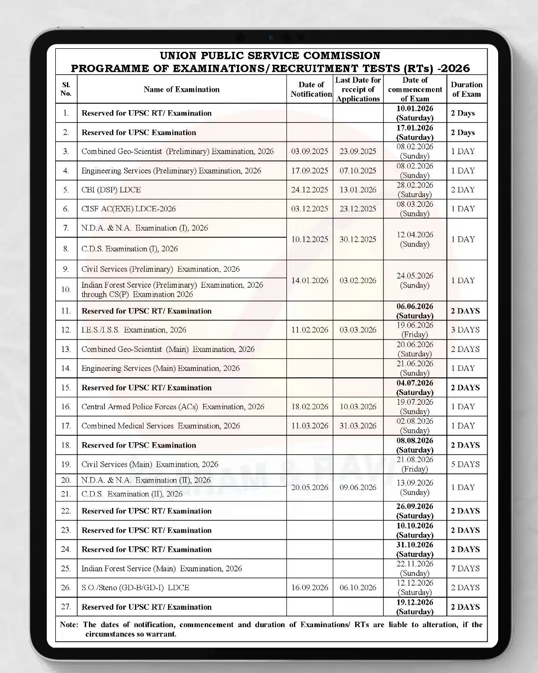 UPSC calendar 2026