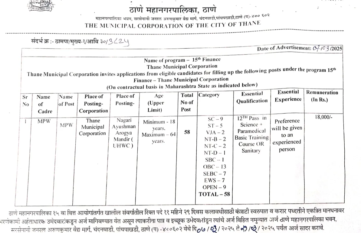 Thane Municipal Corporation Recruitment 2025