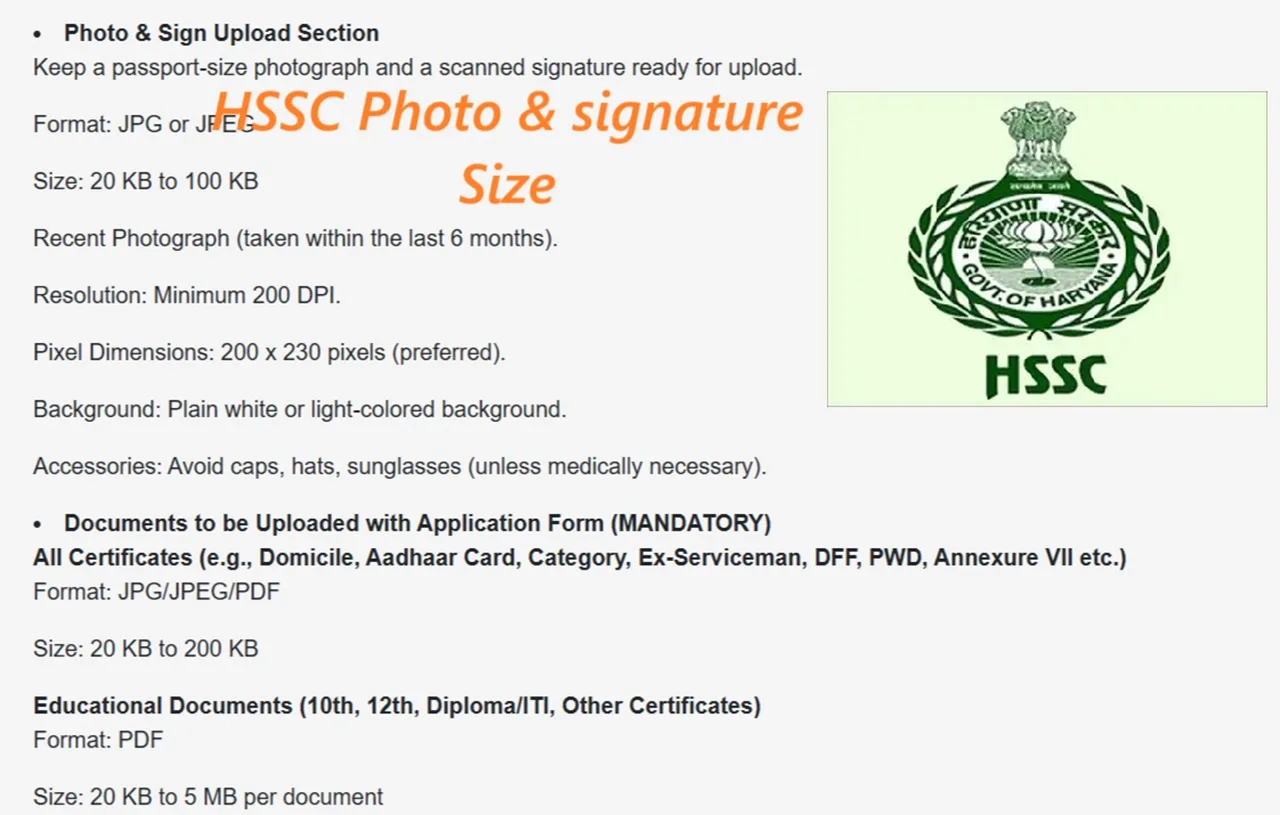 HSSC CET Photo and singature size 2025